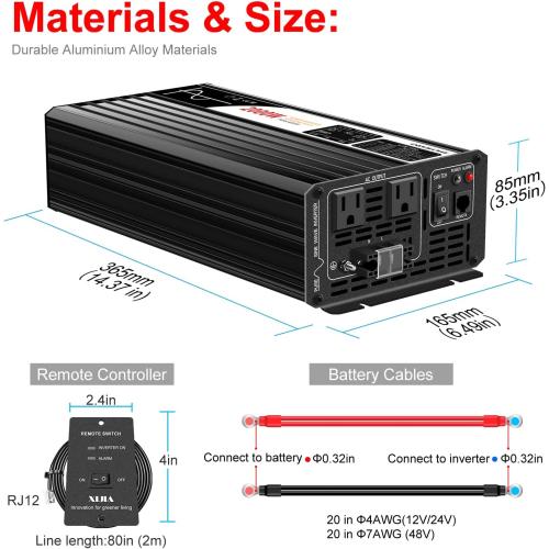 Black Xijia Pure sine Wave Inverter 2000W 48 Volt dc to 120 Volt ac Inverter (Peak Power 4000W) rv Converter 60HZ with Soft Start for car &Camping (DC48V (Range 40V-60V) 2000W)