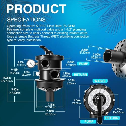 Replacement for Hayward SP0714T VariFlo XL Top Mount Multiport Valve Part for Above-Ground Pro- or VL Series Sand Filter, 1.5 Inch Plumbing, 7-Position Control Valve