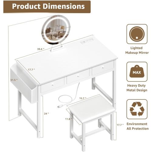 Girls Vanity Desk with Mirror and Lights Small Makeup Vanitys Set with Chair Fabric Drawers Power Outlet, Dressing Table Vanities for Kids Bedroom 40“ White