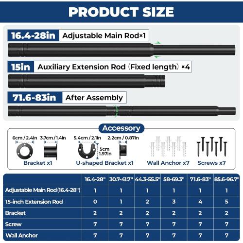 Mavivegue Closet Rod, 17 to 84 Inch Adjustable Closet Rods for Hanging Clothes, Heavy Duty Tension Rod, Black Curtain Rod, for Closet, Wardrobes, Bathroom, Laundry