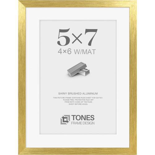 5x7 Picture Frame Gold Shiny Brushed Aluminum with Plexiglass, Metal 5 x 7 Photo Frame Mat to 4x6 Frame for Art Gallery Wall Tabletop Decor