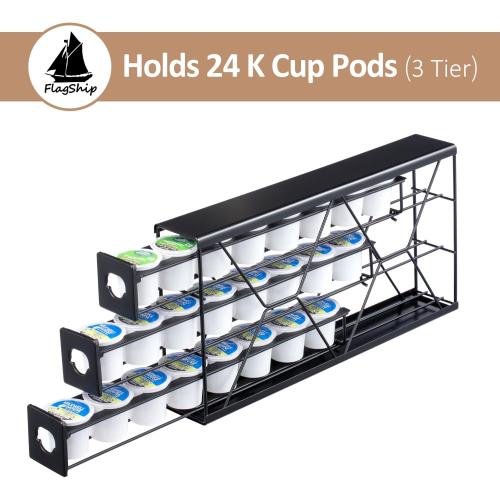 FlagShip K Cup Holder Drawer 3 Tier Coffee Pod Holder for K Pod Save Space Countertop Kitchen (24 Pods Capacity)