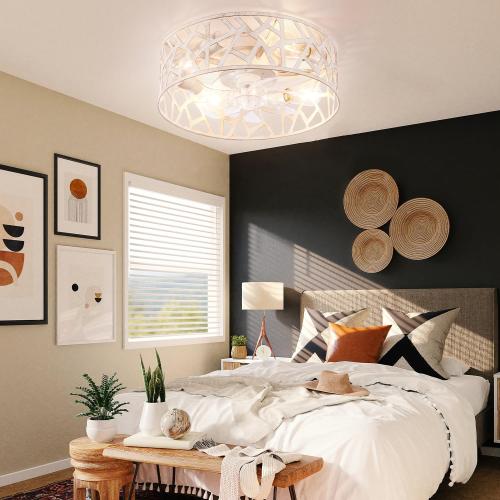 Flush Mount Fandelier Ceiling Fan with Lights and Remote, 18 inch Caged Ceiling Fan with Light Vintage White, Farmhouse Ceiling Fans for Bedroom, Kitchen, Living Room