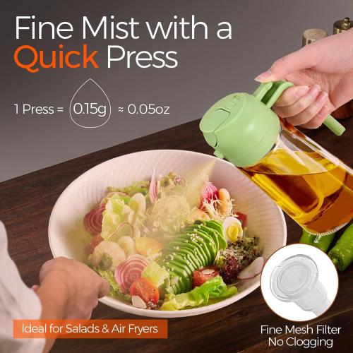YRRAMATE 16oz/470ml Glass Olive Oil Sprayer for Cooking with Stickers, 2 in 1 Oil Dispenser for Kitchen Gadgets, Food Grade Premium Spray Bottle with Portion Control for Salad, Frying, BBQ (Green)