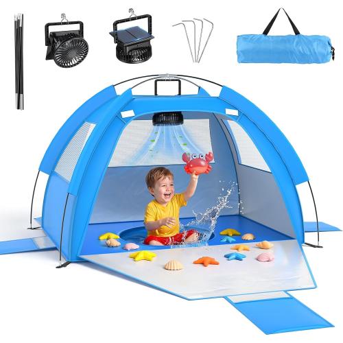 Baby Beach Tent Solar Cooling Fan, Anti-UV Toddler Beach Tent Sun Shelter Portable Travel Fan Beach Shade Tent, Baby Play Tent Built-in Ceiling Fan Sun Shelters Toddler Beach Essentials Blue