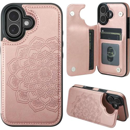 MMHUO for iPhone 17 Case with Card Holder,Flower Magnetic Buttons Protective Wallet Case for Women for iPhone 17 (6.3 Inch),Rose Gold