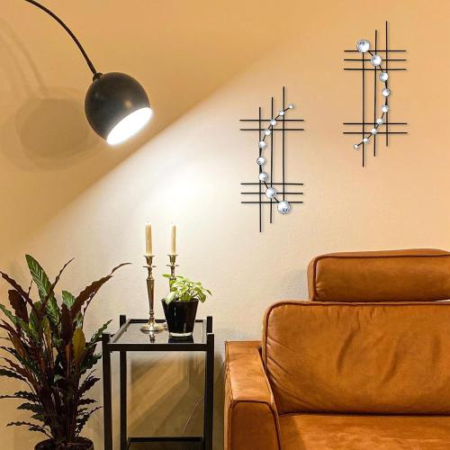 ZEXUIRU 2 Pack Black Abstrac Wall Decor – Metal Crystal Wall Art with Sparkling Rhinestones, 16.5’’/24 Inch Wall Hanging Set for Living Room Bedroom Bathroom – Modern Bling Home Decorations