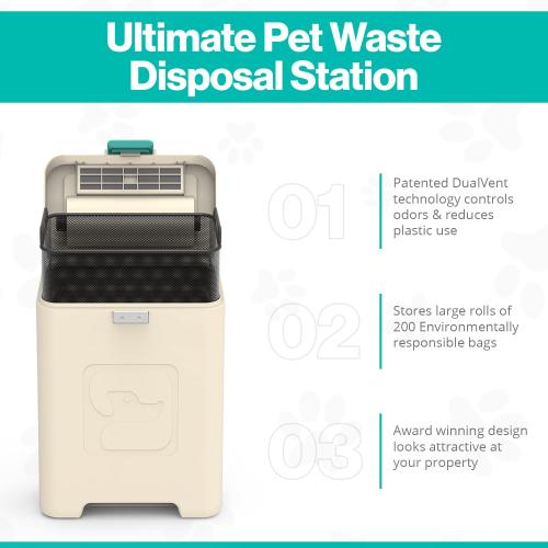 CREAM AND BLUE PawPail Pet Waste Station, Heavy Duty Outdoor Dog Poop Trash Can with Carbon Air Filter & DualVent Odor Control, UV & Weather Resistant | Includes 200 Pet Waste Bags