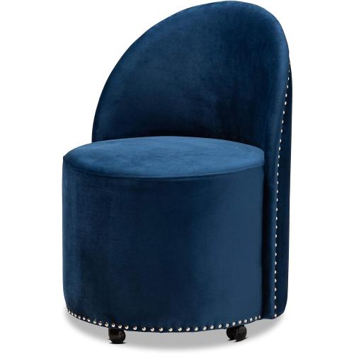 Baxton Studio Bethel Glam and Luxe Navy Blue Velvet Fabric Upholstered Rolling Accent Chair  ( the  polyurethane wheels is broken see the pictures)