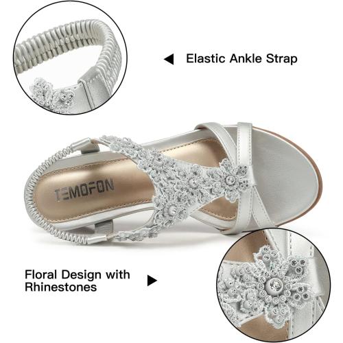 TEMOFON Women's Low Wedge Heels Summer Dressy Platform Sandals Elastic Ankle Strap Open Toe Flower Shoes size 40