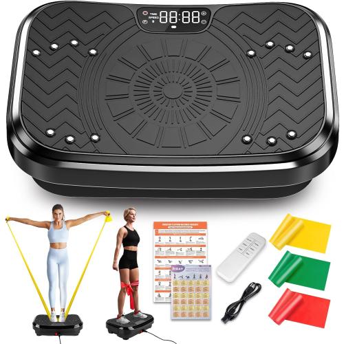 Vibration Plate Exercise Machine, Vibration Plate for Lymphatic Drainage with Training Poster, Training Plan & 3 Resistance Bands, Adjustable Speeds Vibrate Stand Shake Board for Weights Loss(400 Lbs)