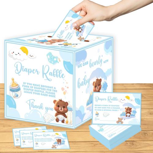 51 Pcs Diaper Raffle Tickets with Box for Baby Shower Games, Blue Baby Shower Game Box for Gender Reveal Party Decorations