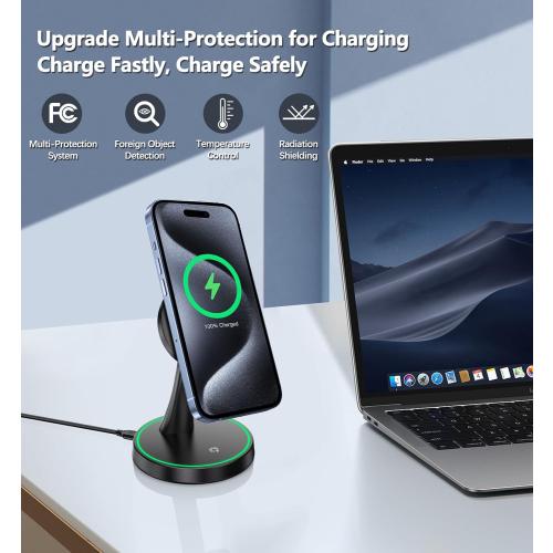 Magnetic Wireless Charger Stand 15W Fast Mag-Safe Charger for iPhone 17/17 pro/ 17 Air/ 17 pro max 16/15/14/13/12 Series Magnet Wireless Charging Station/Pad with Sleep-Friendly Light for AirPods