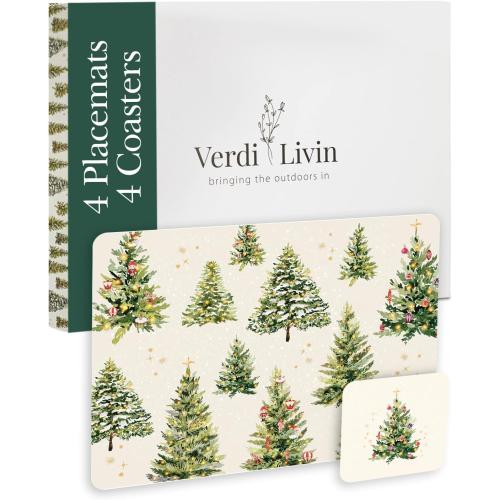 Cork Placemats Set of 4 with Matching Coasters, Heat Resistant, Rectangular 16.15 x 12.2 Inches, Non-Slip, for Dining Table, Christmas (Xmas Trees, Set of 4)