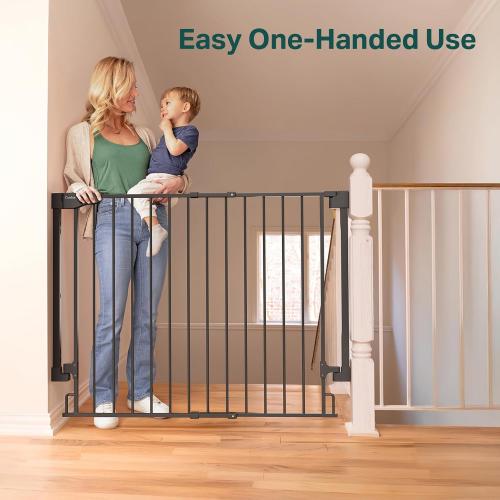 Cumbor 34 Extra Tall No Bottom Bar Baby Gate for Stairs, Wall Mounted Dog Gate Indoor for Larger Pets, Expandable 29.2-43 Safety Gate for Doorways, Wide Walk Thru Door for Easy Access (Black)