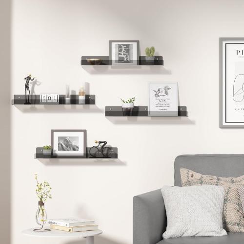 upsimples Acrylic Shelves for Wall Decor, 15 Display Shelf Perfume Organizer for Bathroom, Bedroom, Living Room, Floating Bookshelves for Kids, Clear Black, 4 Pack