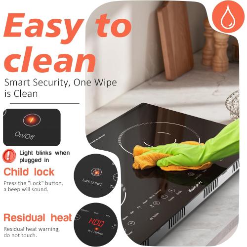 2 Burner Electric Cooktop 110v, 2000W Electric Stove Top Countertop & Built-in, Plug-in Electrics Cooktop 24 Inch, 8 Power Levels & 8 Functions, Touch Control, Safety Lock, Timer, Karienvir