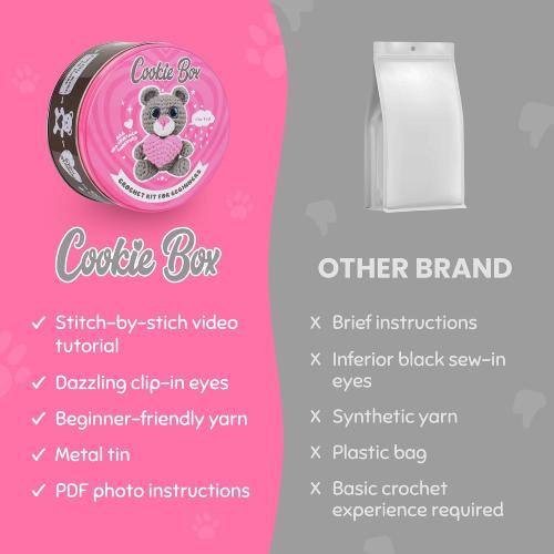 Cookie Box Original Crochet Kit for Beginners – Gift Set to Make Bear Ted Amigurumi Plushie – Easy DIY Crochet & Knitting Starter Kit with Video and PDF Tutorials