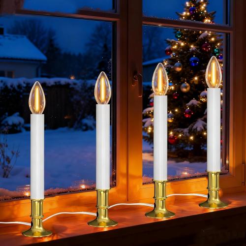 4 Pack Electric Window Candles with Sensor Dusk to Dawn,Christmas Window Candles Gold Plated Base,9 Inch Candle Lights with 0.6W LED E12 Bulbs for Indoor Christmas Decor