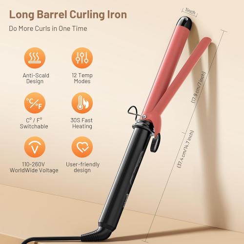 Dual Voltage Curling Iron 1 Inch Long Barrel–Ceramic Fast-Heating Hair Styling Tool for Short & Long Hair, Travel Curling Wand with 12 Levels Smart Temperature Control and Safety Glove
