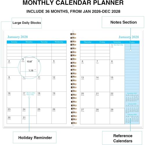 Color black 2026-2028 Monthly Planner - 3 Year Monthly Calendar/Planner 2026-2028, 5.9 x 8.5, 36 Month Calendar Planner, Planners with Twin-Wire Binding, Lined Notes Pages