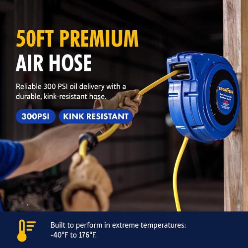 Goodyear Air Hose Reel Retractable 3/8 Inch x 50' Foot Hybrid Polymer Hose Max 300PSI Commerical Polypropylene Construction