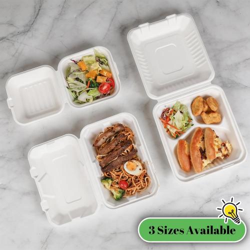 Lucklot 100 Pack 8×9 Inch 3-Compartment Compostable Bagasse Food Containers