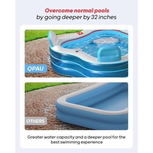 QPAU Inflatable Swimming Pool, Full-Sized Blow Up Pools with Seats and Backrests, Kiddie Pool for Outdoor & Backyard, for Family Summer Time Fun, Jelly Blue