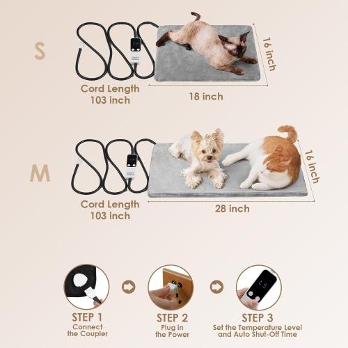 EHEYCIGA Heated Cat Bed Indoor, Adjustable Temperature Dog Cat Heating Pad with Timer, Chew Resistant Cord, Waterproof for Winter, Grey