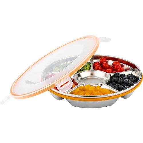 Divided Serving Tray with Lid, Stainless Steel Veggie Tray with Plastic Lid, Reusable Vegetable Platter, Snack Tray, Snackle Box for Party, Easy to Clean (6 Compartments, 60oz)