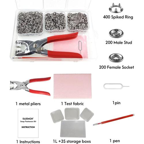 KAXIMON Snap Fasteners Kit 200 Sets, Metal Snap Button Kit with Fastener Pliers No Sewing, 9.5mm Snap on Button Kit Rust Proof DIY Press Studs Button Fix Tools for Fabric Clothing, chrome, SNAP-9.5MM