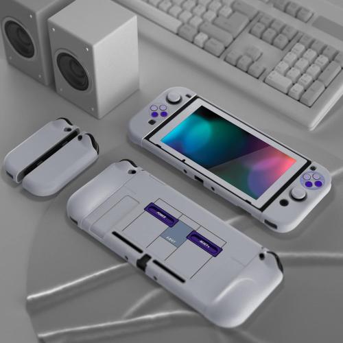 Grey & Purple PlayVital AlterGrips Ergonomic Grips Cover for Nintendo Switch, [2 Design] Interchangeable Comfort Dockable Protective Case with Screen Protector & Thumb Grip Buttons Caps - Classics SNES Style