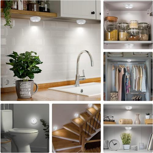 BLS Motion Sensor Light Indoor, Wireless LED Night Light, Under Cabinet Lighting, Battery Powered Puck Lights for Closet, Kitchen, Stairs, Wall, AA Battery Operated, Stick on, Dimmable, White, 6 Pack