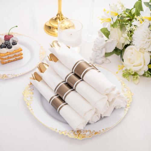 Set of 400PCS Pre Rolled Gold Plastic Silverware Sets - Heavy Duty Fancy Gold Cutlery - Include 100 Pack Wrapped Disposable Utensils with Napkins for Parties, Dinners & Weddings
