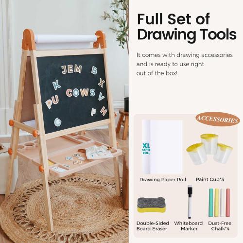 Tiny Land Easel for Kids, Double-Sided Magnetic Easel, Adjustable Wooden Kids Art Easel with Paper Roll, Learning-Toy for 3,4,5,6,7,8 Years Old Boy & Girls