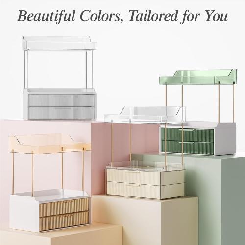 Bathroom Counter Organizer, 2-Tier 2-Drawer Makeup Organizer Countertop, Easy to Install, Ideal for Bathroom Storage, Vanity, Perfume, Large Skincare, Present, and More, DarkGreen