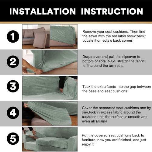 PrinceDeco Velvet Couch Covers for Sofa Soft 4 Pieces Couch Covers for 3 Cushion Couch Sofa Pet Friendly Furniture Protector with Non Slip Elastic Bottom Width Up to 90 Inch(Large, Seagrass)
