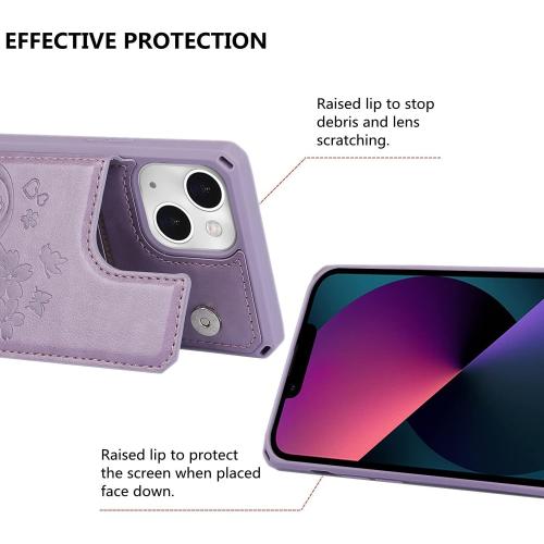 iCoverCase for iPhone 13 Wallet Case with Card Slots Holder Kickstand [RFID Blocking] Embossed Leather Magnetic Shockproof Cover with Wrist Strap (Heart Purple), Purple