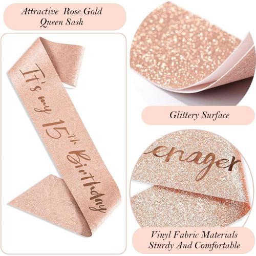 15th Birthday Decorations for Girls, 15th Birthday Sash and Crown, Cake Topper, Number Candles and Balloons, 15 Year Old Gifts for Girls