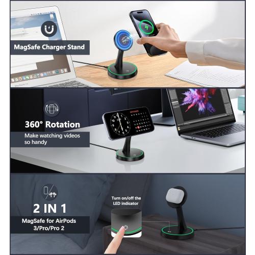 Magnetic Wireless Charger Stand 15W Fast Mag-Safe Charger for iPhone 17/17 pro/ 17 Air/ 17 pro max 16/15/14/13/12 Series Magnet Wireless Charging Station/Pad with Sleep-Friendly Light for AirPods