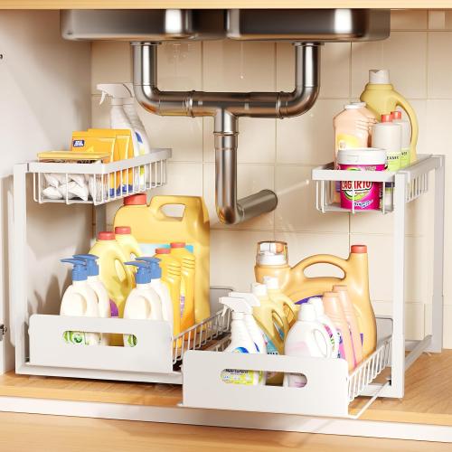 Under Sink Organizer,Metal Pull Out Cabinet Organizer Shelf,Kitchen Bathroom Organizers with Sliding Drawer,Storage Shelves,Storage and organization for Home,Laundry,RV,Pantry,Spice,White, 2 Pack