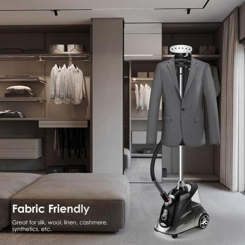 Color Black Steamer for Clothes, Jenaely 1500W Standing Garment Steamers, 35s Fast Heat-up, 80 Mins of Continuous Powerful Steam with 2.8L Water Tank, Pants Clip & Children's Clothing Hanger