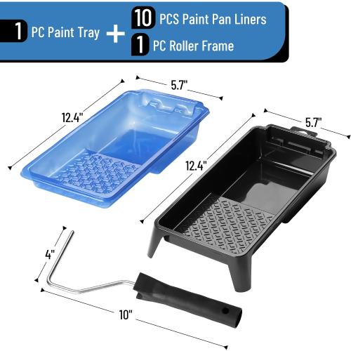 Bates- 4 Inch Paint Tray Set, 12 pcs, Black & Blue, 1x 4 Inch Paint Roller Tray, 10x Disposable Plastic Liners & 1x Roller Frame