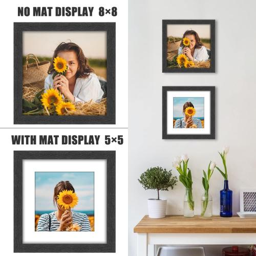 8x8 Picture Frame Rustic Black Wood Set of 6,Display Pictures 5x5 with Mat or 8x8 Without Mat,Multi Photo Frames Collage for Wall or Tabletop Display