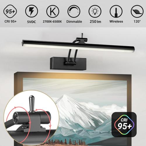 Yuichoy 2 Pack Picture Lights for Wall Battery Operated, 12 inch Wireless Art Lighting for Painting, 6 Colors Picture Frame Lights with Remote, Dimmable 4200mAh Gallery Light, Black