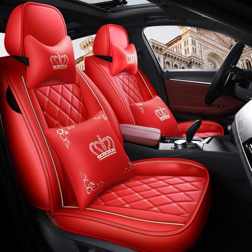 Crown Car Seat Covers Full Set, Premium Leather Waterproof Anti-Slip Automotive Interior Protector for Cars, SUVs, Pickup, Trucks & Sedans (Red)