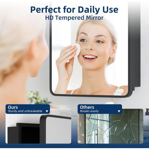 Bathroom Medicine Cabinet with Mirror 16 x 24 Inch, Black Medicine Cabinet Recessed or Surface Wall-Mounted, Mirrored Cabinets with 2 Adjustable Shelves for Bathroom Vanity