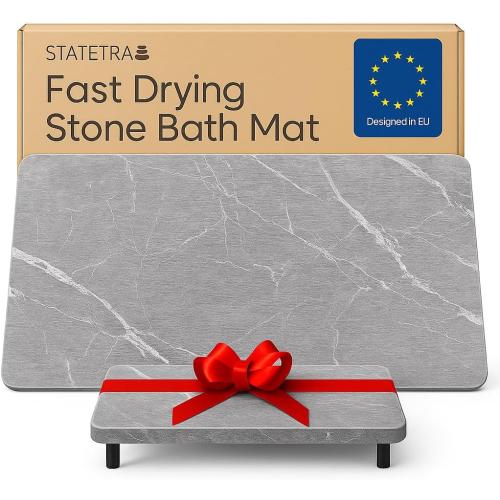 Stone Bath Mat Quick-Dry Absorbing Diatomaceous Earth Bath Mat | 2 Stone Mats - Large & Small Mat for Bathroom | Anti-Slip Diatomaceous Bathmat 100% Natural Bathroom Rug Stones (Gray Marble)