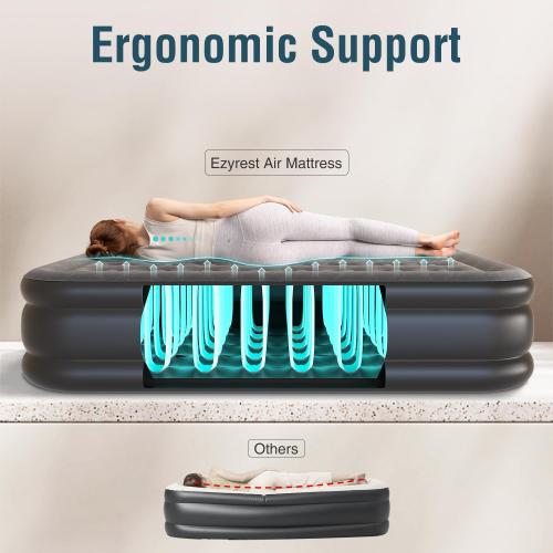 Black and Grey Air Mattress Queen with Built in Pump Inflatable Mattress with Soft Flocked Top & Carry Bag Adjustable Blow Up Mattress Portable Air Bed for Guest Indoor