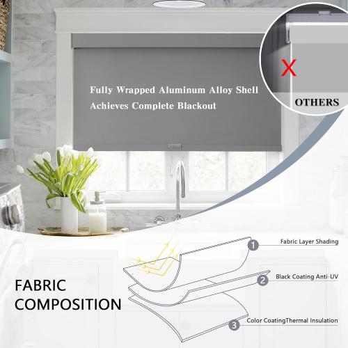 AOSKY Blackout Roller Shades Cordless Blinds for Windows, Free-Stop Shades with Valance, Thermal Insulated Fabric, UV Protection, Natural Woven Blinds for Home and Office (28 W x 72 H, Grey)